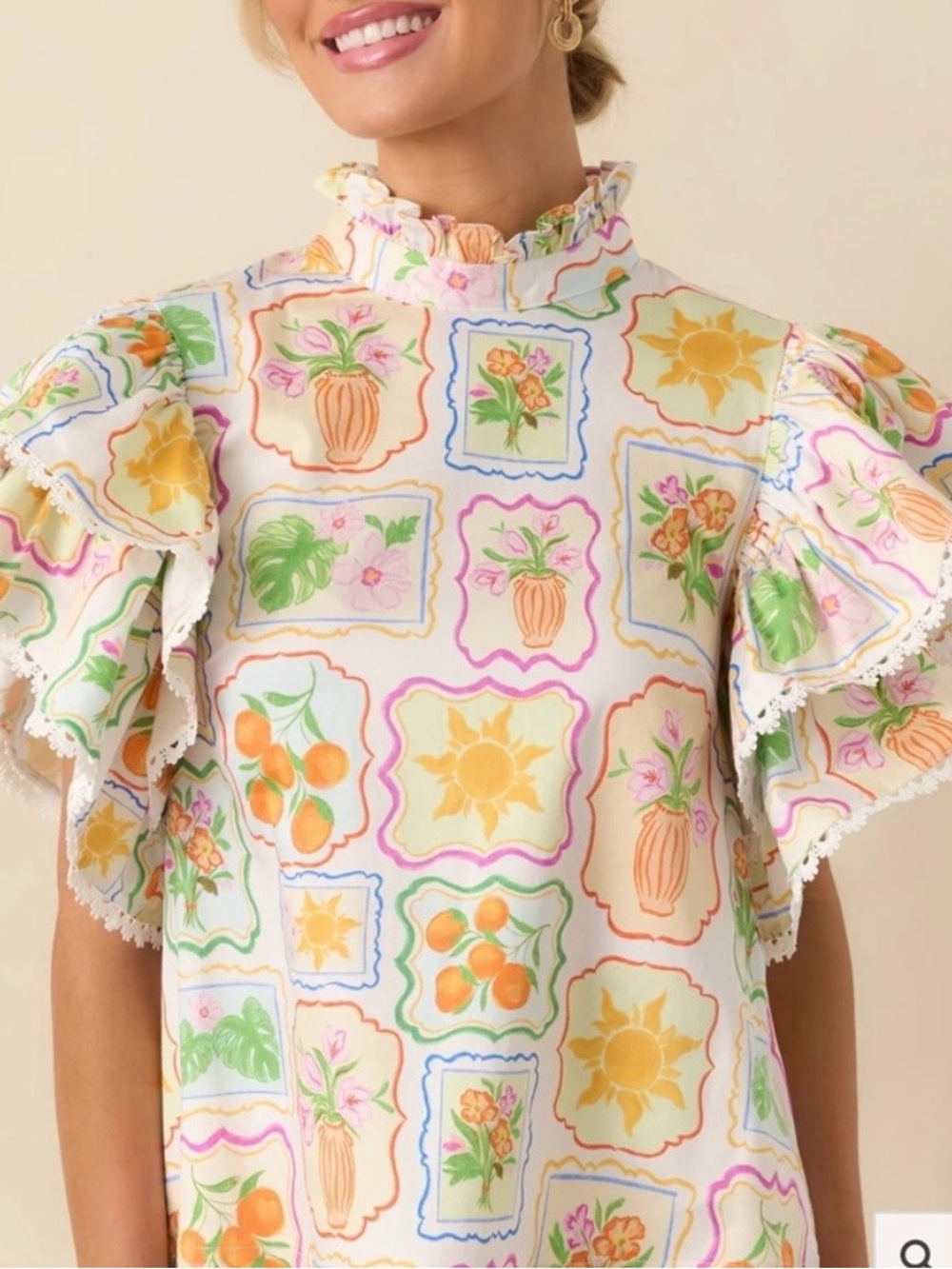 Floral & Fruit Print Ruffle Neck Top - Cream